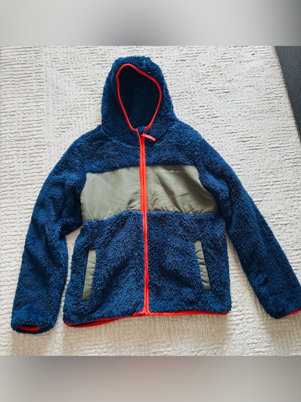 Eddie Bauer Navy Sherpa Hoodie with Olive Panels and Orange Trim